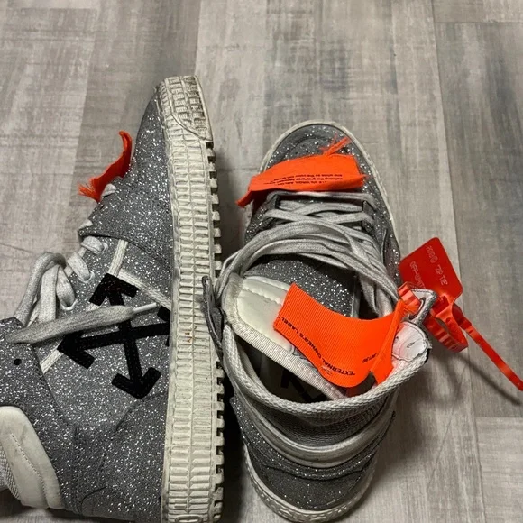Off-White Glitter Gray Sneakers with Vibrant Orange Tags - Picture 6 of 9